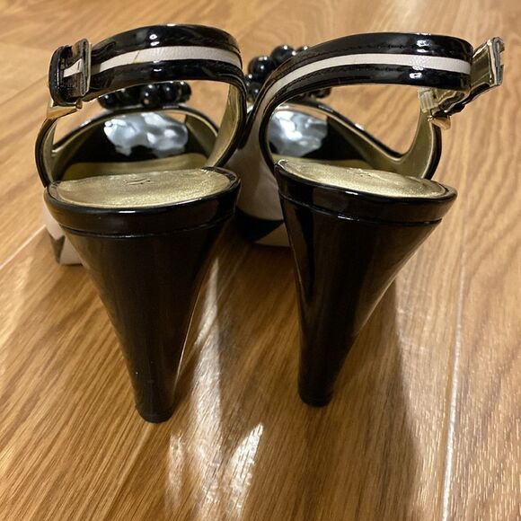 AK Anne Klein Akemani Ivory Black Beaded Slingback Peep Toe Heels (Size  9) - Picture 4 of 12